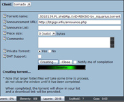 Oczekiwanie na utworzenie torrenta. Okno można zamknąć, po ukończeniu plik .torrent pojawi się na liście plików na stronie głównej